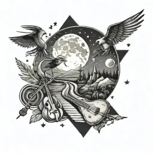 A road winding through a landscape of badminton birdies and musical instruments under a starry night sky tattoo design idea