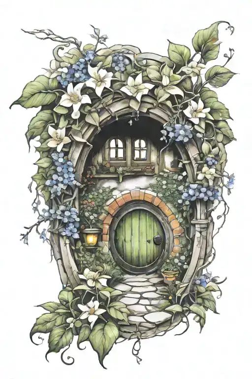 hobbit hole entrance with flowers growing tattoo design idea
