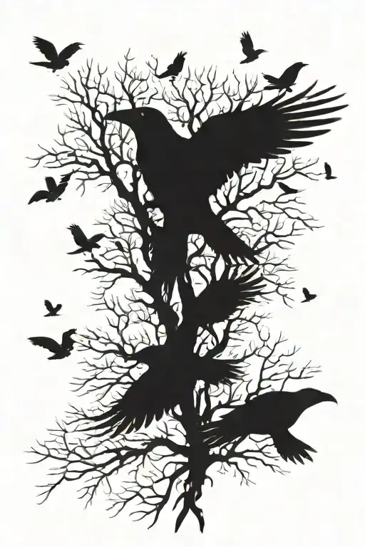 flock of crows flying to a tree  tattoo design idea