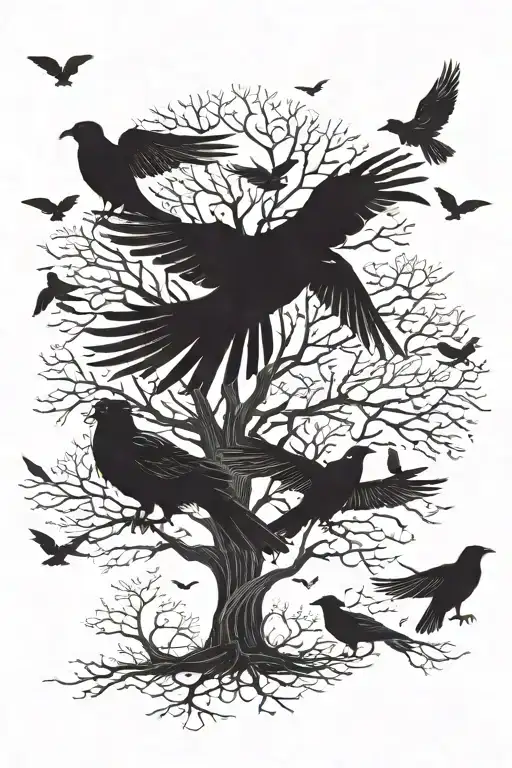 flock of crows flying to a tree with stray dogs under it tattoo design idea