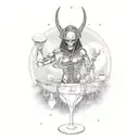 A cosmic bartender mixing psychedelic cocktails under a full moon with alien customers tattoo design idea