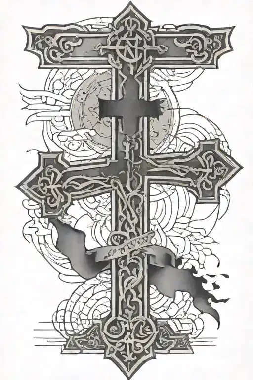 3 crosses mixed with bible verse written underneath tattoo design idea