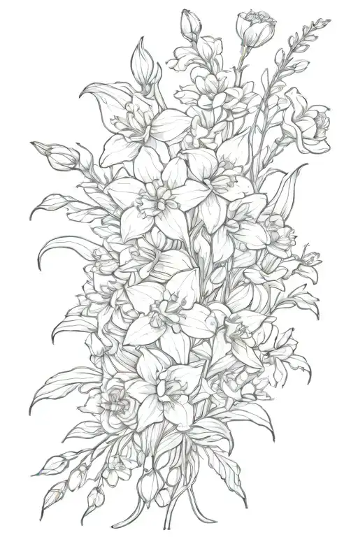 bouquet of daffodils lilys of the valley poppies jonquils roses honeysuckles aster flowers  tattoo design idea