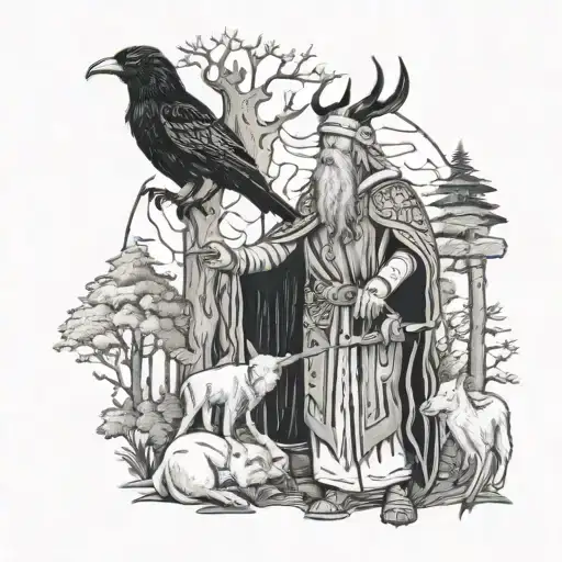 A mythical scene of a Viking shaman communing with the spirits of a crow, bear, and wolf in a mystical forest tattoo design idea