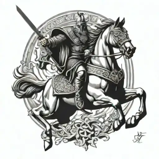 A fierce Viking warrior riding a majestic sparta horse into battle tattoo design idea