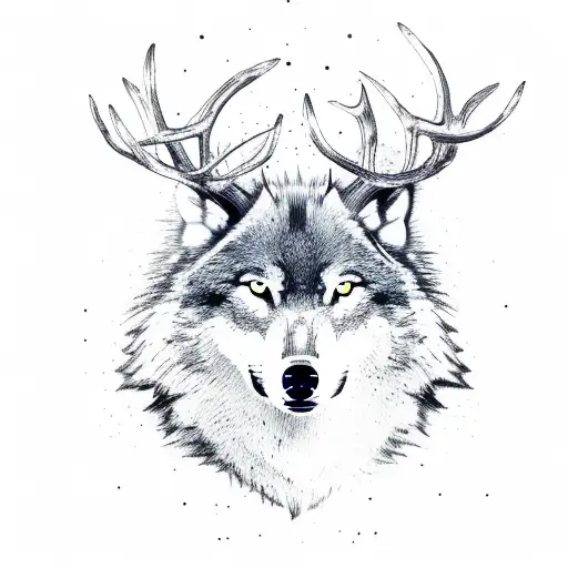 a wolf and a deer drawn with olive tree branches and leaves tattoo design idea