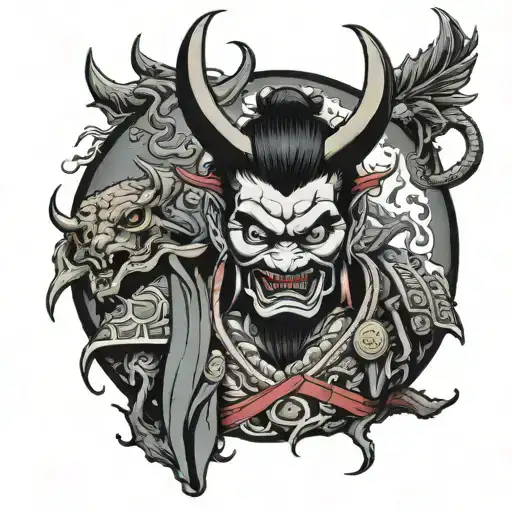 samurai with a busted oni mask and devil wings  tattoo design idea