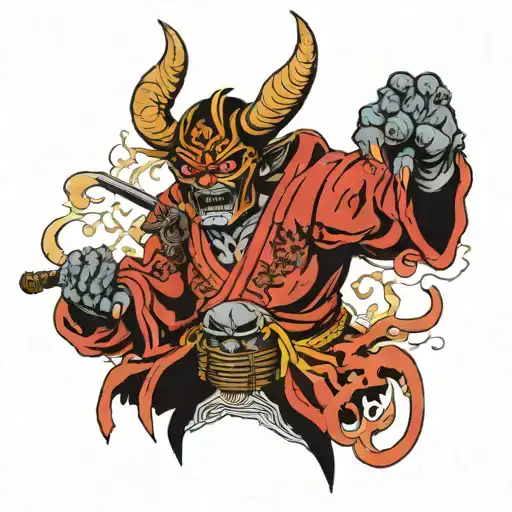 samurai with a busted oni mask and devil wings with swords in hands   tattoo design idea