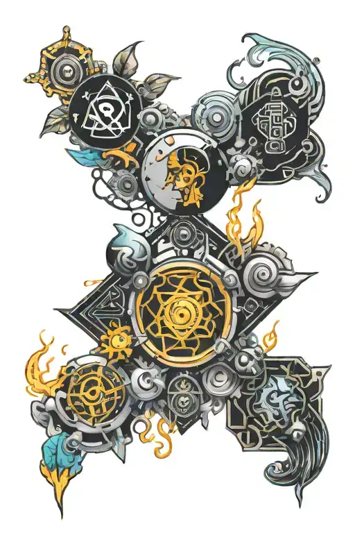 four elements and cyber punk circuits tattoo design idea