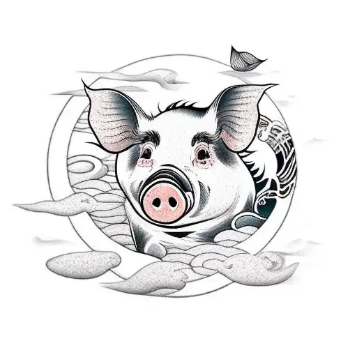 pig, sea, flower tattoo design idea
