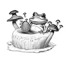 Frog with a mushroom hat jumping from the earth tattoo design idea