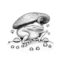 Frog with a mushroom hat jumping from the earth tattoo design idea