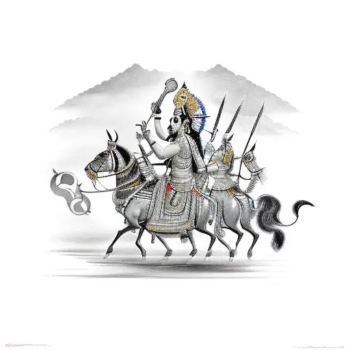 Lord Krishna leading Arjuna into the battle of Kurukshetra. Krishna is pointing forward. they both are in war armor. tattoo design idea