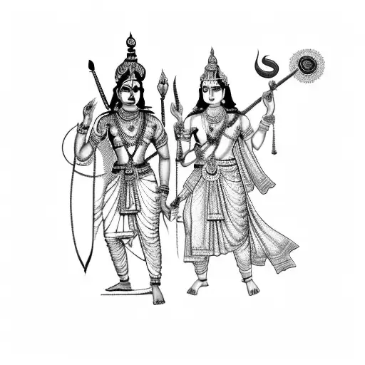 Lord Krishna leading Arjuna into the battle of Kurukshetra. Krishna is pointing forward. they both are in war armor. tattoo design idea