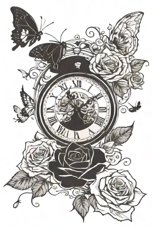 clock surrounded a rose and butterflys flying, masculine tattoo design idea