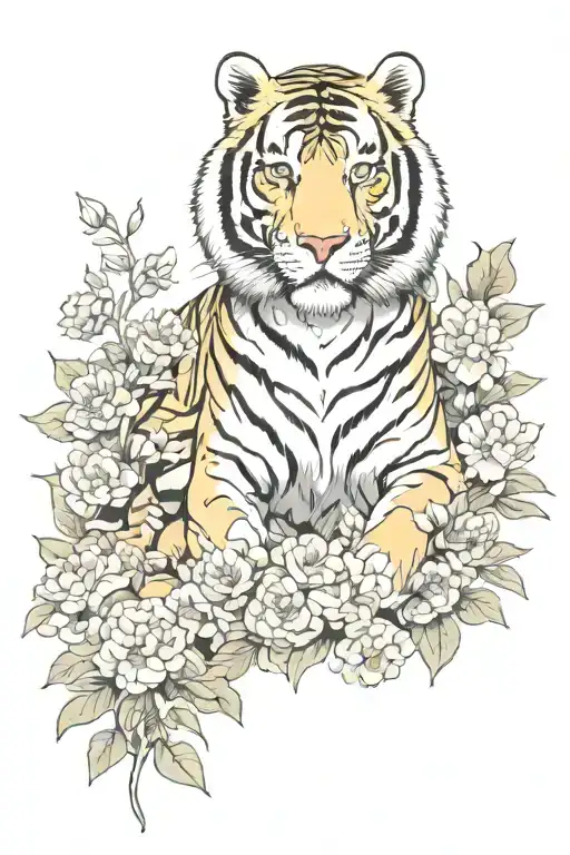 Japanese tiger surrounded by florals  tattoo design idea