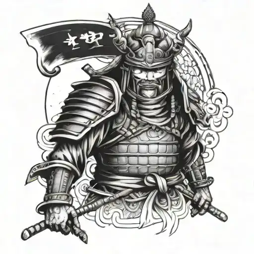 black white tattoo design focus on a large traditional samurai in detailed armor tattoo design idea