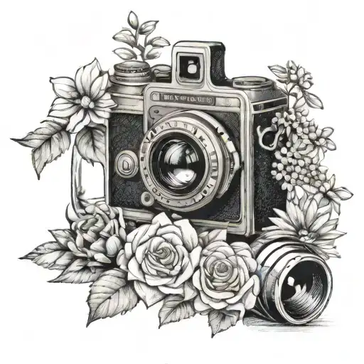 A vintage camera surrounded by mason jars filled with flowers tattoo design idea