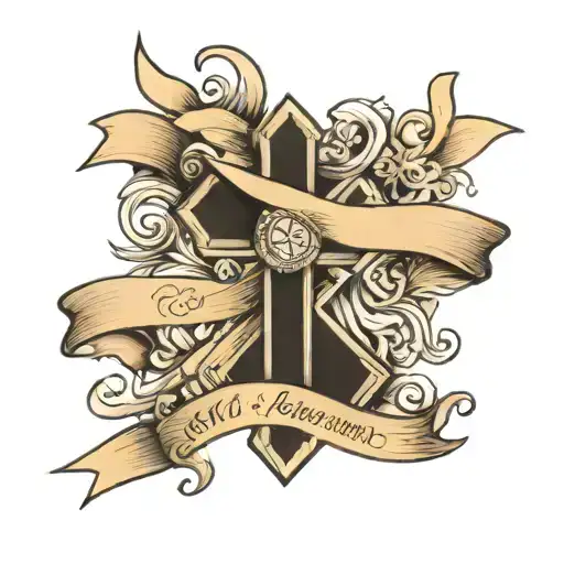 cross with banner wrapped with 5 kids names tattoo design idea