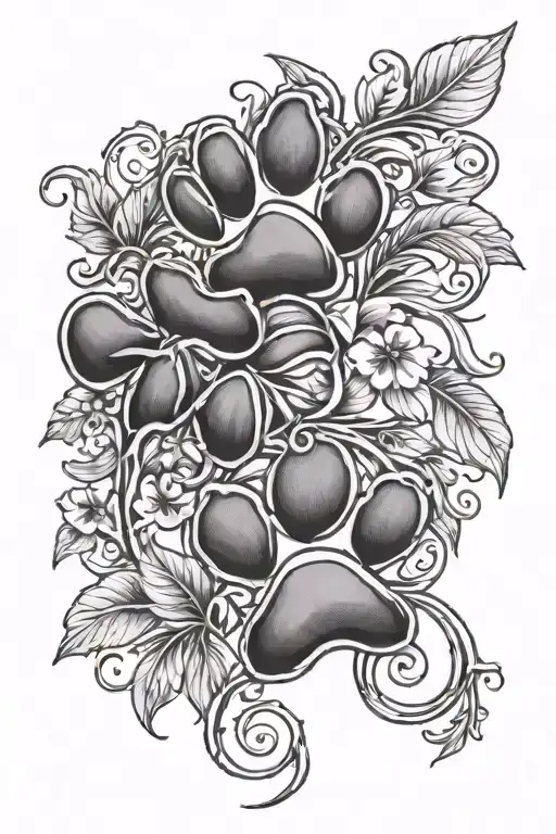Black and Grey "Two Small Paw Prints With Floral..." Tattoo Idea