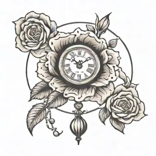 clouds around old hand clock one big rose with small tulips tattoo design idea