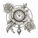 clouds around old hand clock one big rose with small tulips tattoo design idea