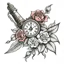 clouds around old hand clock one big rose with small tulips tattoo design idea