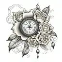 clouds around old hand clock one big rose with small tulips tattoo design idea