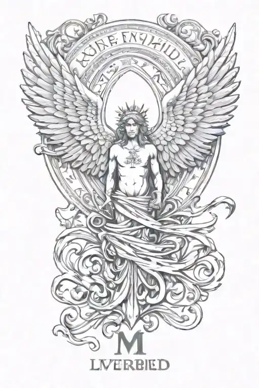 liverbird arch angel Michael and letters m and k tattoo design idea