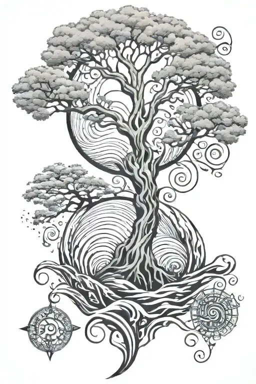 tree kf growth and compas neptun waves tattoo design idea