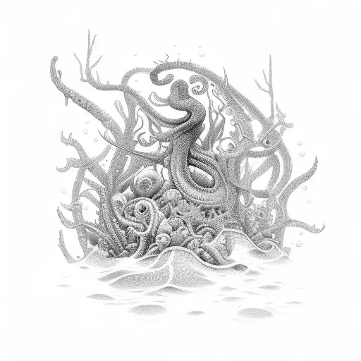 An intricate design of various sea creatures surrounded by a forest of underwater plants tattoo design idea