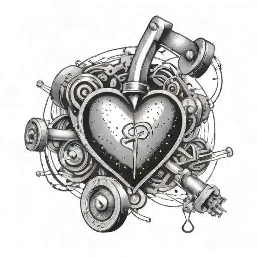 A dotwork tattoo of a heart-shaped weight plate surrounded by musical notes and sports equipment, symbolizing your love for the gym and music tattoo design idea