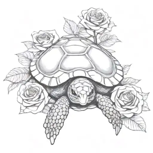 sea turtle on pile of skulls and  roses with googly eyes  tattoo design idea