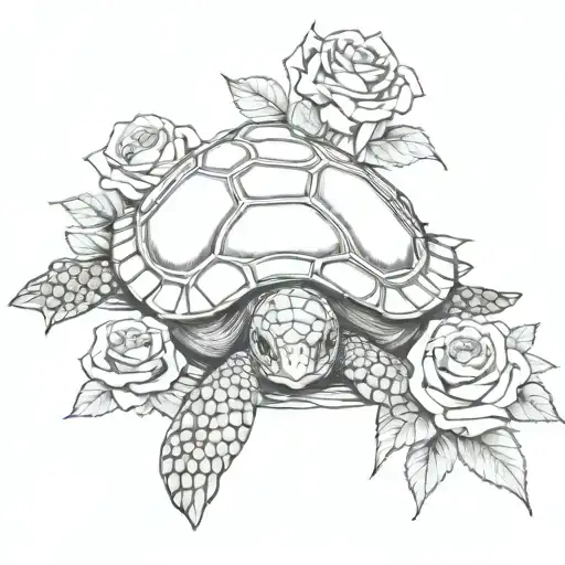 sea turtle on pile of skulls and  roses tattoo design idea