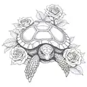 sea turtle on pile of skulls and  roses with googly eyes  tattoo design idea