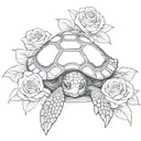sea turtle on pile of skulls and  roses with googly eyes  tattoo design idea