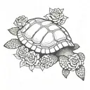 sea turtle on pile of skulls and  roses tattoo design idea