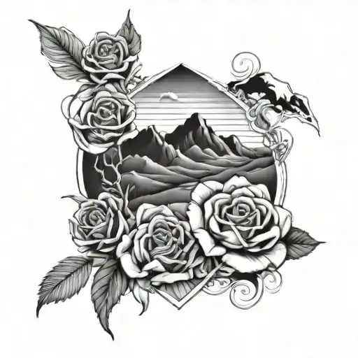 ocean, mountain, and desert landscapes with roses intertwined tattoo design idea