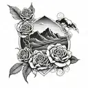 ocean, mountain, and desert landscapes with roses intertwined tattoo design idea