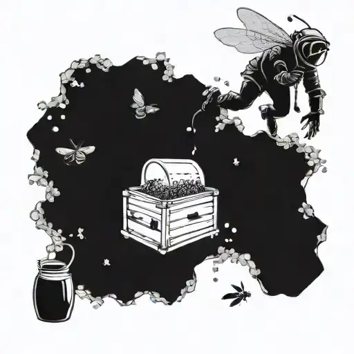 A detailed underwater scene with a beekeeper collecting honey from a hive at the bottom of the ocean tattoo design idea
