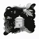 A detailed underwater scene with a beekeeper collecting honey from a hive at the bottom of the ocean tattoo design idea