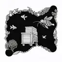 A detailed underwater scene with a beekeeper collecting honey from a hive at the bottom of the ocean tattoo design idea