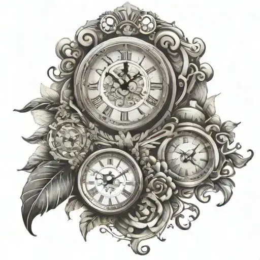 A clock design with Roman numerals marking the dates 8/29/2015 and 5/27/2017, surrounded by symbols representing quality time and family tattoo design idea