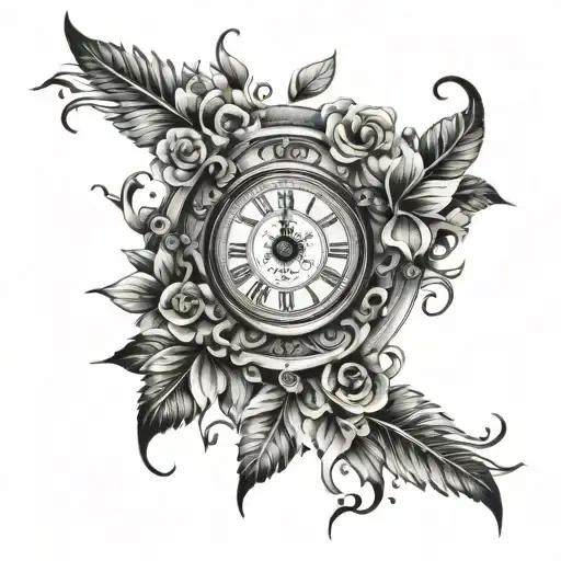 A clock design with Roman numerals marking the dates 8/29/2015 and 5/27/2017, surrounded by symbols representing quality time and family tattoo design idea