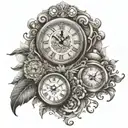 A clock design with Roman numerals marking the dates 8/29/2015 and 5/27/2017, surrounded by symbols representing quality time and family tattoo design idea