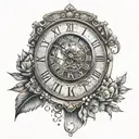 A clock design with Roman numerals marking the dates 8/29/2015 and 5/27/2017, surrounded by symbols representing quality time and family tattoo design idea