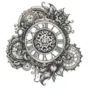 A clock design with Roman numerals marking the dates 8/29/2015 and 5/27/2017, surrounded by symbols representing quality time and family tattoo design idea