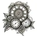 A clock design with Roman numerals marking the dates 8/29/2015 and 5/27/2017, surrounded by symbols representing quality time and family tattoo design idea