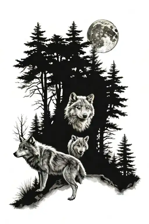 forest with moon shining over mother wolf and 2 cubs tattoo design idea