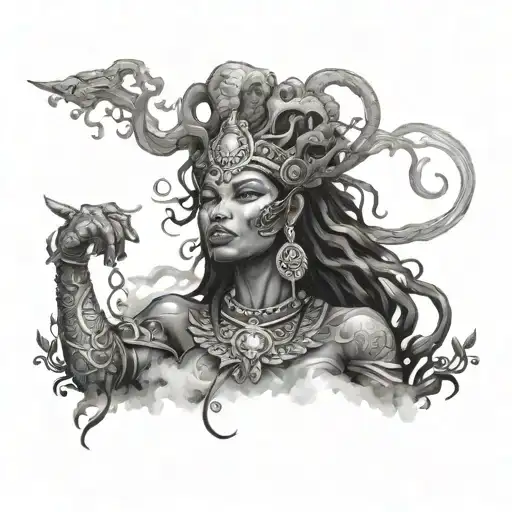 Smoke swirling around a powerful black warrior goddess in a mystical forest setting tattoo design idea